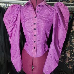 Rare Betsey Johnson 80s mutton sleeve purple moire button up top S punk label